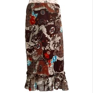 Y2K brown paisley floral ruffle hem maxi skirt